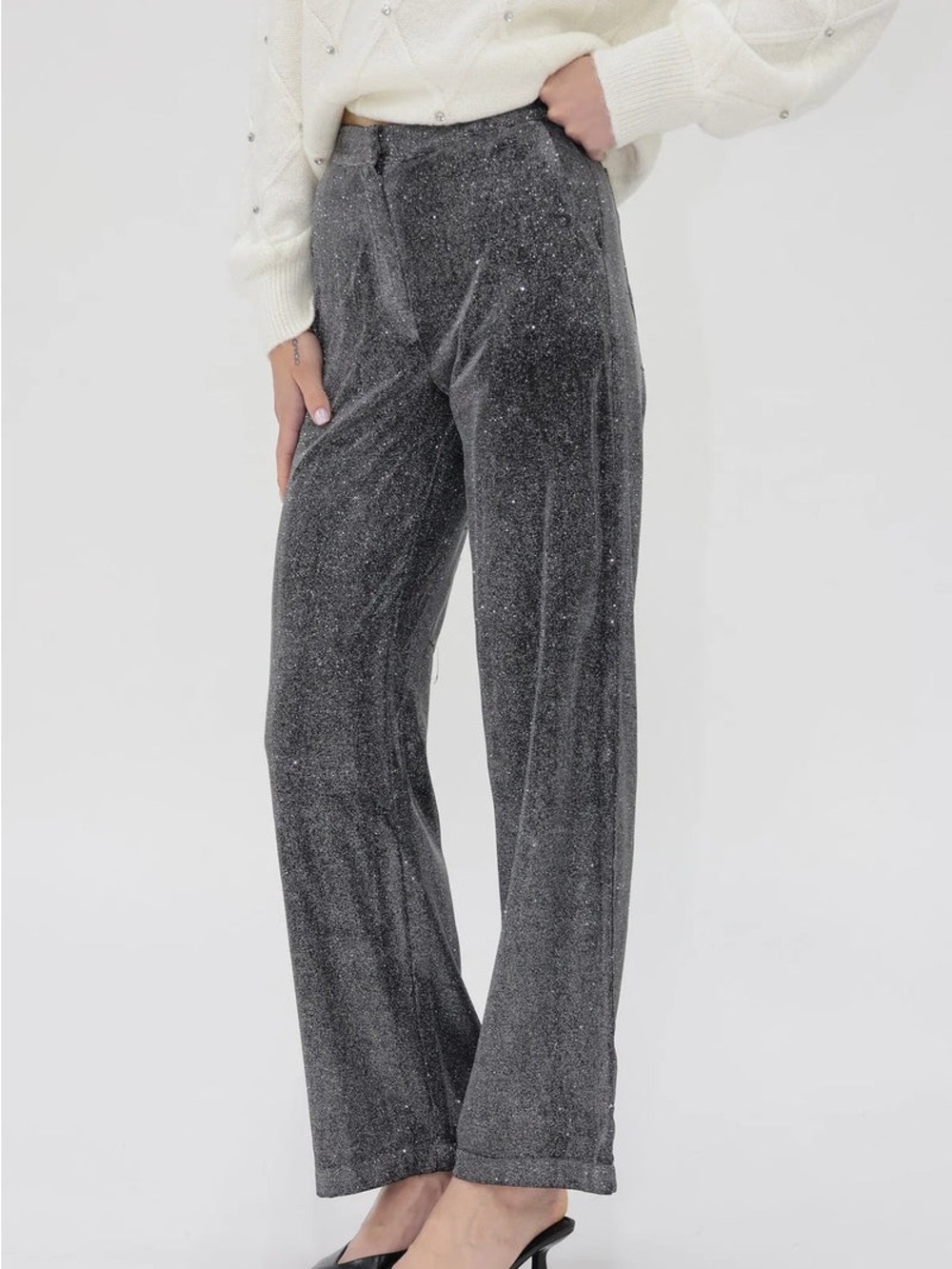 Another Love Glitter Velvet Wide-Leg Pants - Charcoal